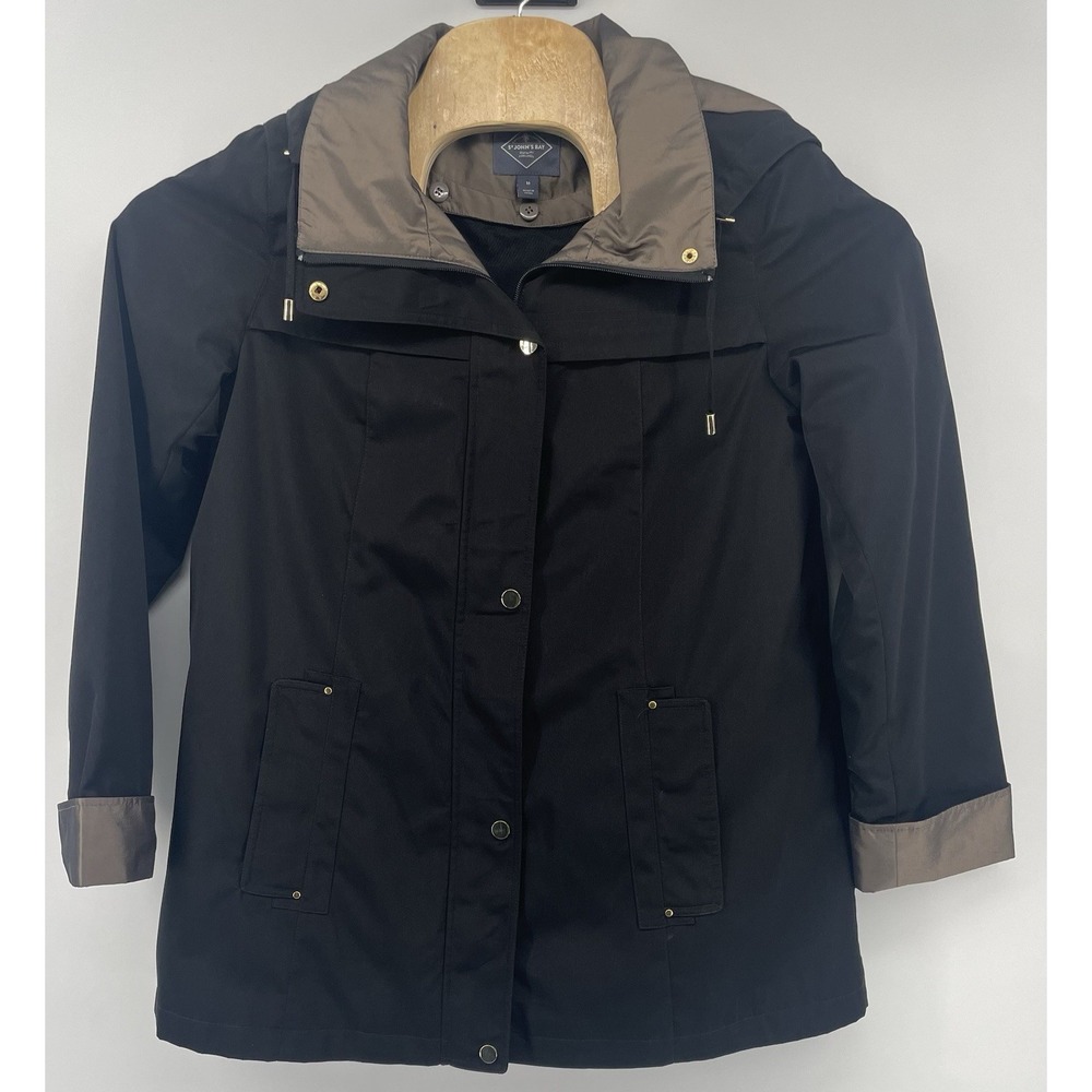 St. John's Bay Anorak Jacket Women Med Black Hooded Removable Liner Utility